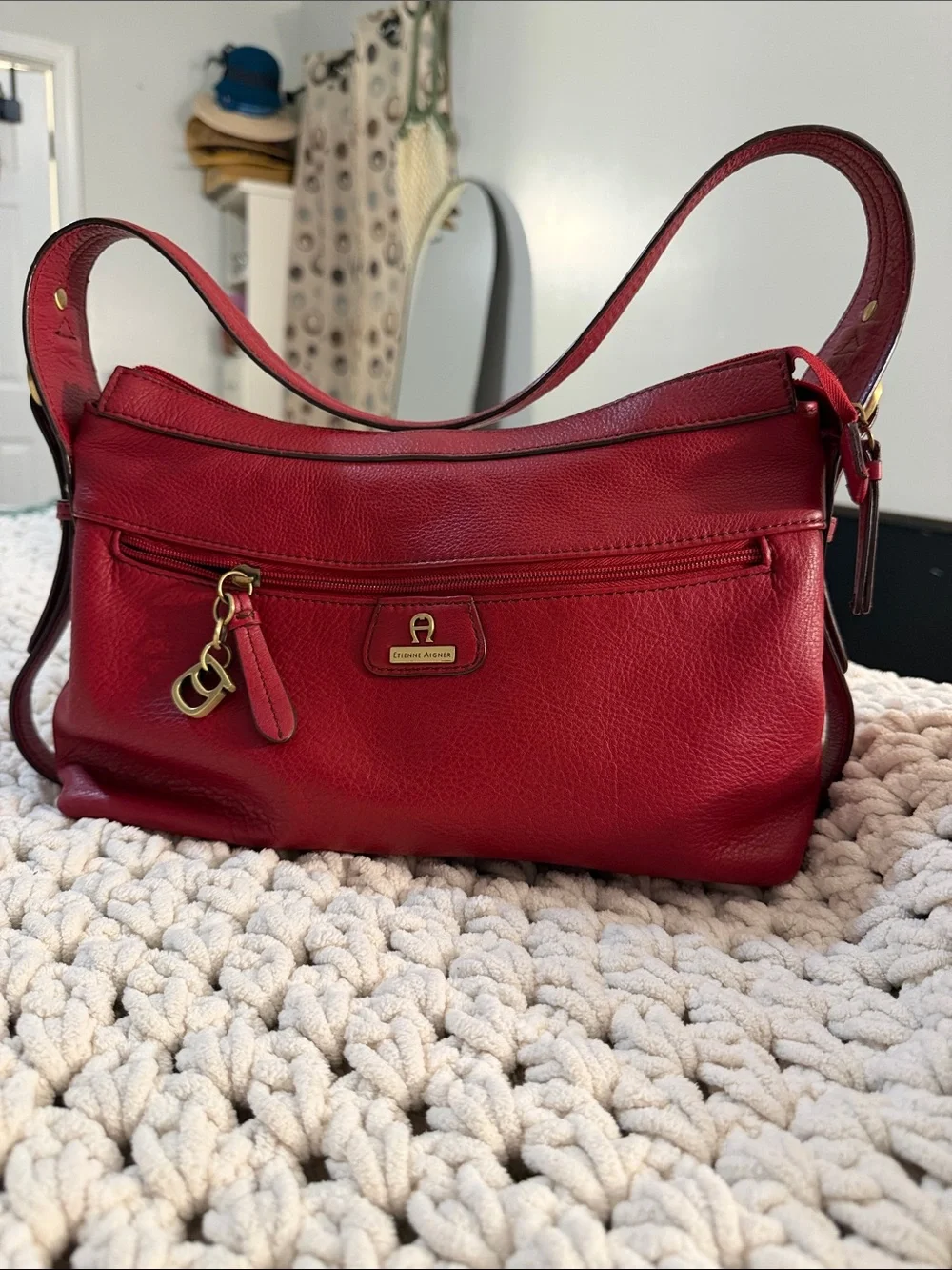 Etienne Aigner Red Pebbled Leather Shoulder Bag with Gold Hardware